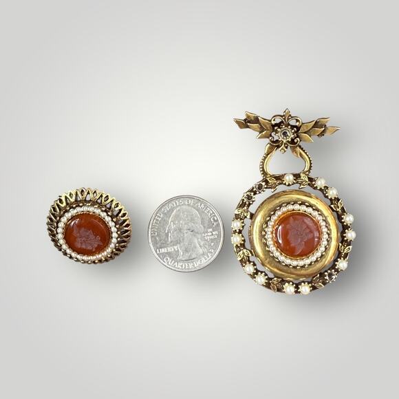 Vintage Florenza Cameo Locket Brooch & Earrings Set Cameo - Picture 11 of 12